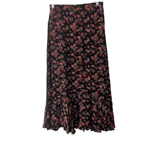 Vintage Floral Print Reversible Sheer Overlay Lettuce Hem Maxi Skirt Small - Picture 5 of 8
